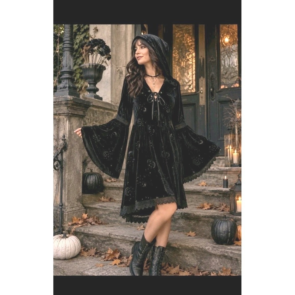 Celestial Black Velvet Witch Hooded Dress Small Wiccan Goth Stars Moon